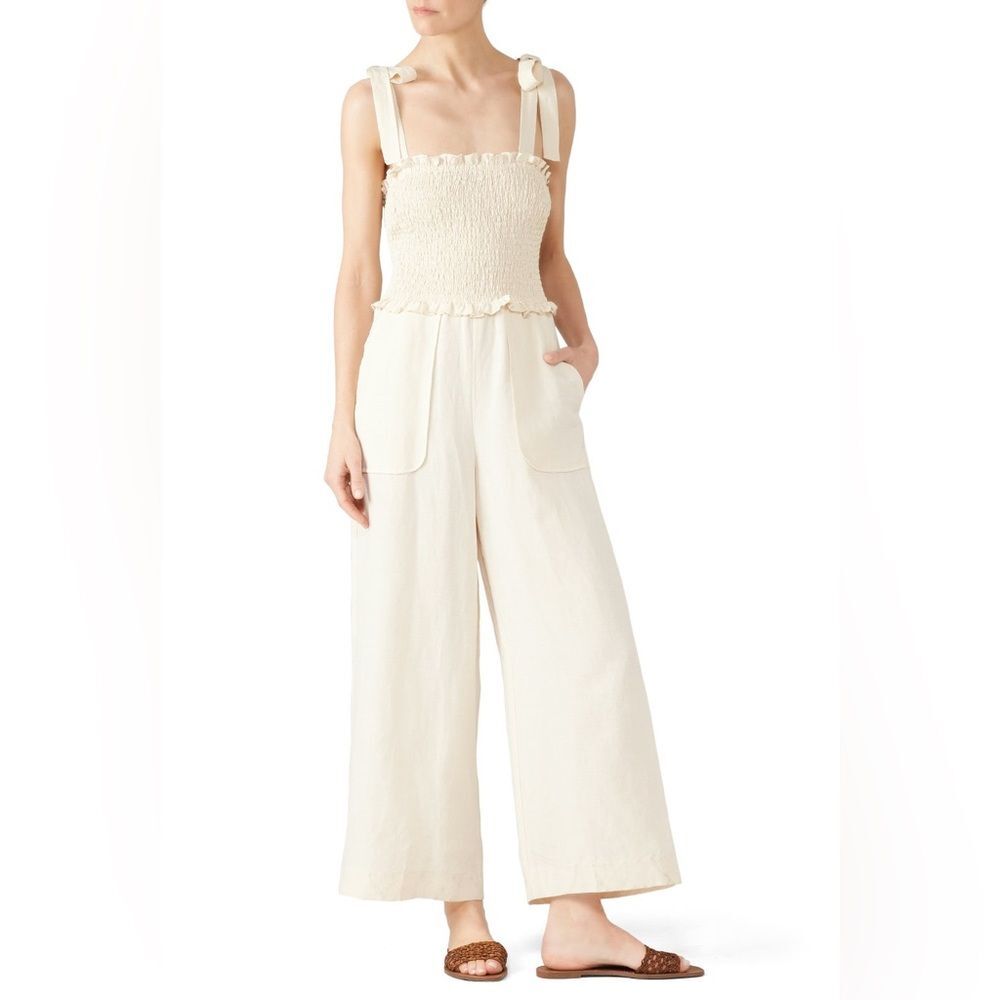 Rebecca Taylor Cream Smocked Tie-Shoulder Wide-Leg Jumpsuit